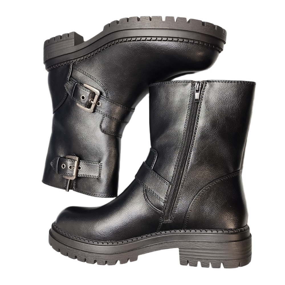 Women's Black Mid-Calf Zip Leather Boots - Classic Biker Style